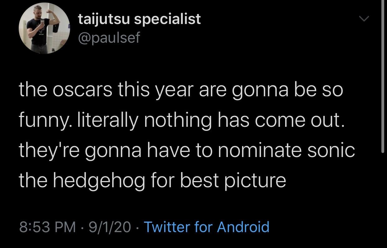 Text - taijutsu specialist the oscars this year are gonna be so funny. literally nothing has come out. they're gonna have to nominate sonic the hedgehog for best picture 9120 Twitter for Android