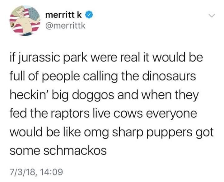 funny true twitter posts - merritt k if jurassic park were real it would be full of people calling the dinosaurs heckin' big doggos and when they fed the raptors live cows everyone would be omg sharp puppers got some schmackos 7318,