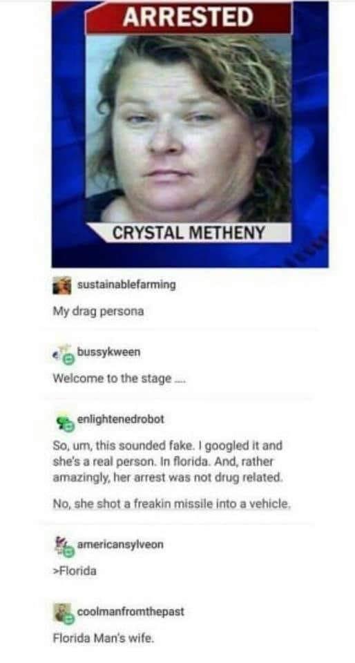 crystal metheny - Arrested Crystal Metheny sustainablefarming My drag persona bussykween Welcome to the stage. enlightenedrobot So, um, this sounded fake. I googled it and she's a real person in florida. And, rather amazingly, her arrest was not drug rela