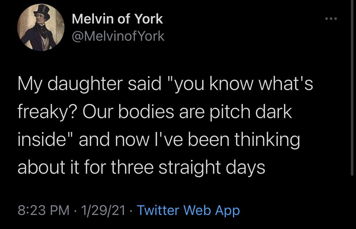 Melvin of York My daughter said "you know what's freaky? Our bodies are pitch dark inside" and now I've been thinking about it for three straight days 12921 Twitter Web App