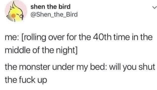 quotes - shen the bird me rolling over for the 40th time in the middle of the night the monster under my bed will you shut the fuck up