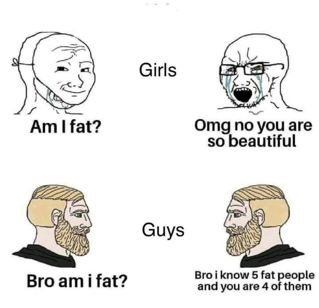 bro am i fat meme - Girls Am I fat? Omg no you are so beautiful Guys Bro am i fat? Bro i know 5 fat people and you are 4 of them