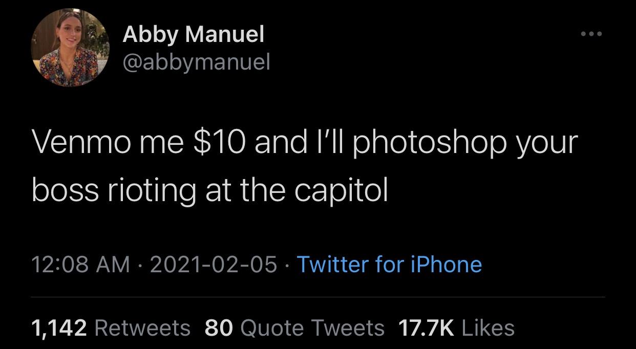 normalize saying i don t know enough - Abby Manuel Venmo me $10 and I'll photoshop your boss rioting at the capitol Twitter for iPhone 1,142 80 Quote Tweets