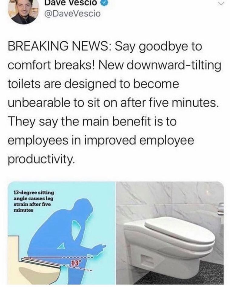 Design - Dave Vescio Breaking News Say goodbye to comfort breaks! New downwardtilting toilets are designed to become unbearable to sit on after five minutes. They say the main benefit is to employees in improved employee productivity. 13degree sitting ang