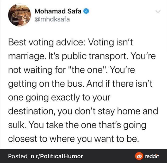document - Mohamad Safa Best voting advice Voting isn't marriage. It's public transport. You're not waiting for the one". You're getting on the bus. And if there isn't one going exactly to your destination, you don't stay home and sulk. You take the one t