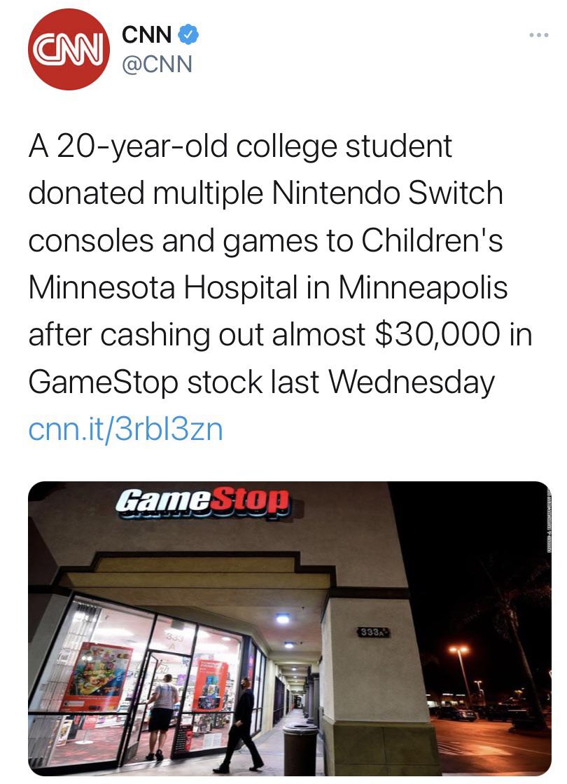 Stock - ... Cm Cnn A 20yearold college student donated multiple Nintendo Switch consoles and games to Children's Minnesota Hospital in Minneapolis after cashing out almost $30,000 in GameStop stock last Wednesday cnn.it3rbl3zn Game Stop 3 3331