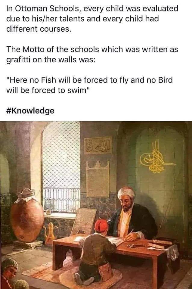 religion - In Ottoman Schools, every child was evaluated due to hisher talents and every child had different courses. The Motto of the schools which was written as grafitti on the walls was "Here no Fish will be forced to fly and no Bird will be forced to
