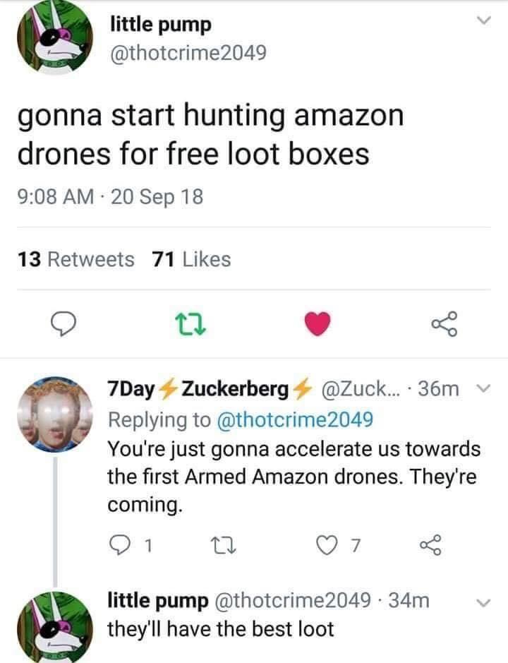 amazon drones lootboxes - little pump gonna start hunting amazon drones for free loot boxes 20 Sep 18 13 71 t2 7Day Zuckerberg .... 36m v 2049 You're just gonna accelerate us towards the first Armed Amazon drones. They're coming. 1 27 7 little pump 2049 3