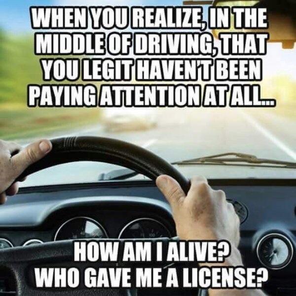 funny bad driving memes - When You Realize In The Middle Of Driving, That You Legithavent Been Paying Attention Atall... How Am I Alive? Who Gave Me A License?