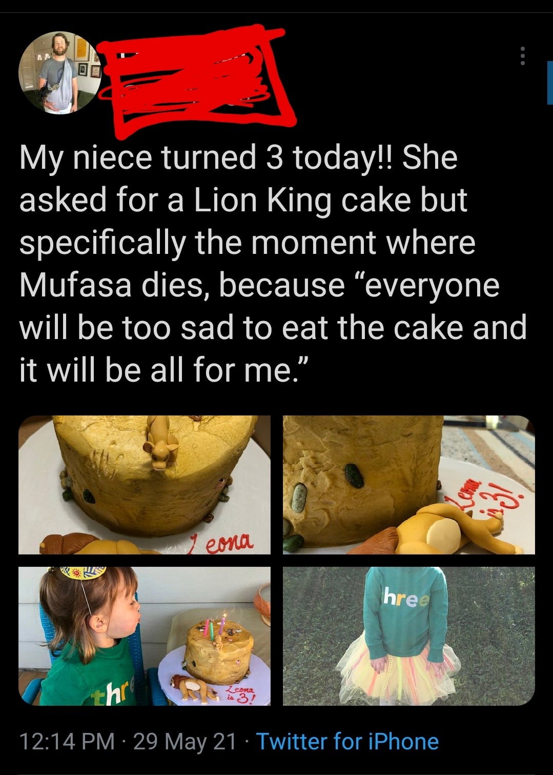 screenshot - My niece turned 3 today!! She asked for a Lion King cake but specifically the moment where Mufasa dies, because "everyone will be too sad to eat the cake and it will be all for me. ier emca hree thro Zeona is 3! 29 May 21 Twitter for iPhone