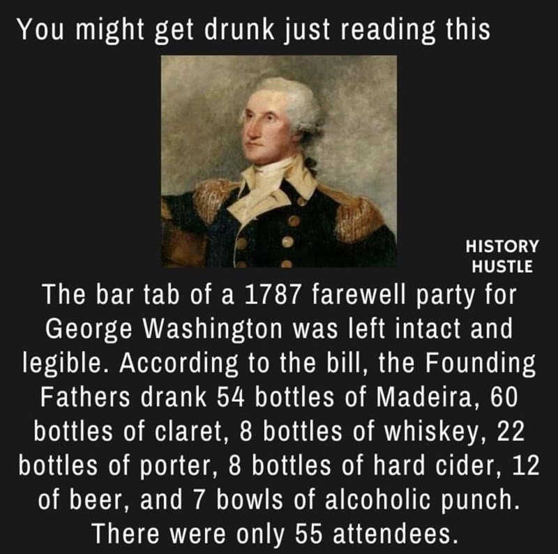 george washington - You might get drunk just reading this History Hustle The bar tab of a 1787 farewell party for George Washington was left intact and legible. According to the bill, the Founding Fathers drank 54 bottles of Madeira, 60 bottles of claret,