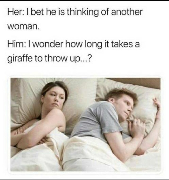 thinking about other girl meme - Her I bet he is thinking of another woman. Him I wonder how long it takes a giraffe to throw up...?