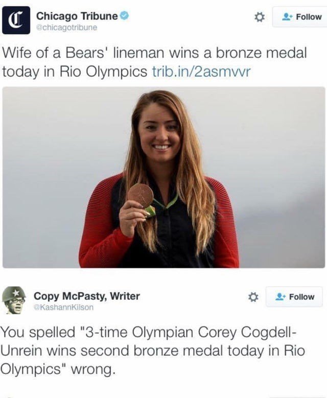 wife of bears lineman wins bronze - C Chicago Tribune chicagotribune Wife of a Bears' lineman wins a bronze medal today in Rio Olympics trib.in2asmwr Copy McPasty, Writer KashannKilson You spelled "3time Olympian Corey Cogdell Unrein wins second bronze me