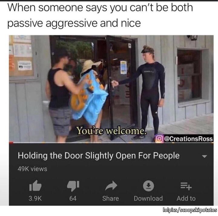 let me guess meme - When someone says you can't be both passive aggressive and nice 11 You're welcome. O Holding the Door Slightly Open For People 49K views 64 Download Add to lolpicsscoopskipotatos