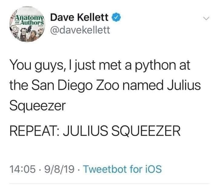 hilarious memes - random memes - organization - Anatomy Dave Kellett or Authors You guys, I just met a python at the San Diego Zoo named Julius Squeezer Repeat Julius Squeezer 9819. Tweetbot for iOS