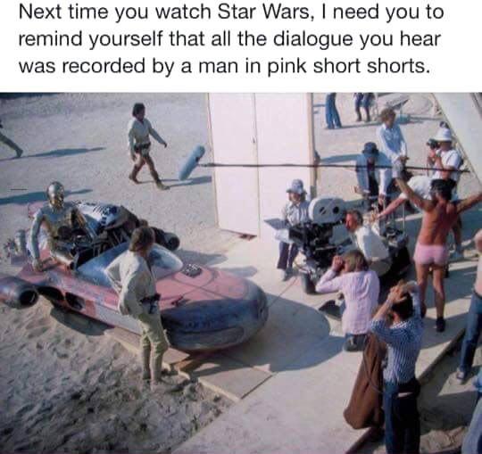 funny memes - randoms - star wars pink shorts guy - Next time you watch Star Wars, I need you to remind yourself that all the dialogue you hear was recorded by a man in pink short shorts.