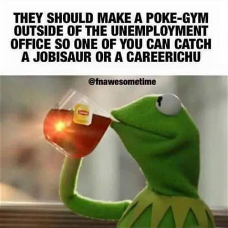 funny memes - randoms - kermit coffee none of my business - They Should Make A PokeGym Outside Of The Unemployment Office So One Of You Can Catch A Jobisaur Or A Careerichu 0
