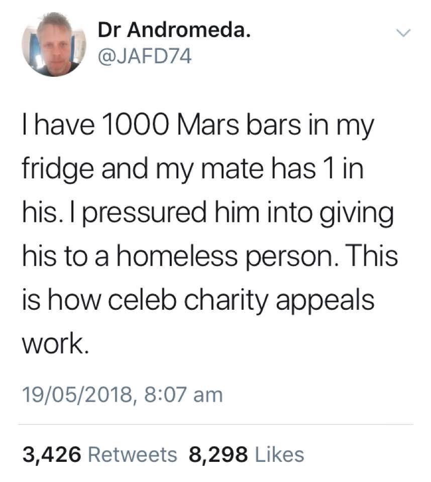 funny memes - randoms - celebrity donation meme - Dr Andromeda. I have 1000 Mars bars in my fridge and my mate has 1 in his. I pressured him into giving his to a homeless person. This is how celeb charity appeals work. 19052018, 3,426 8,298