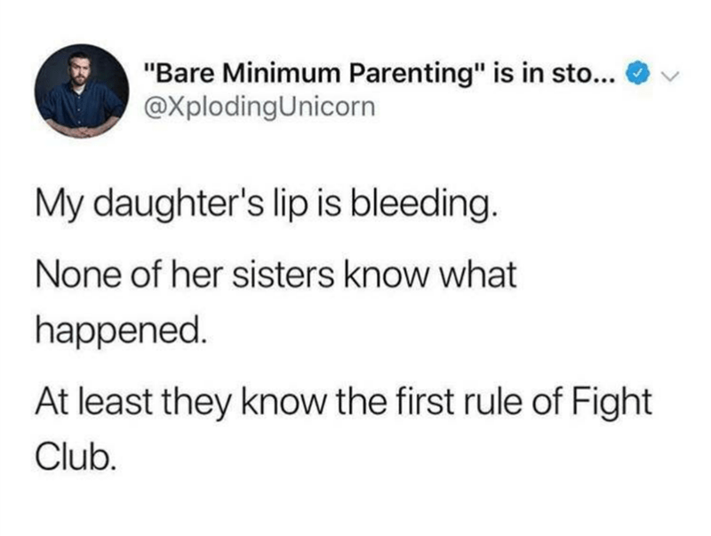 document - "Bare Minimum Parenting" is in sto... My daughter's lip is bleeding. None of her sisters know what happened. At least they know the first rule of Fight Club.