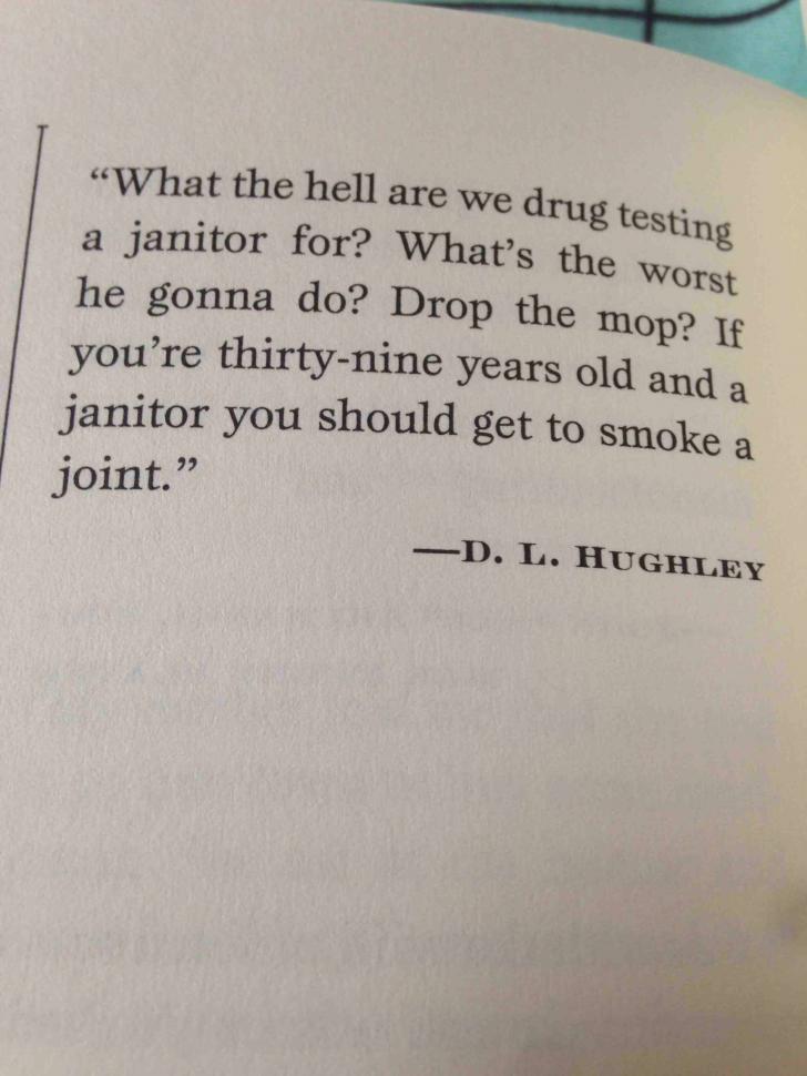 quotes about janitors - What the hell are we drug testing a janitor for? What's the worst he gonna do? Drop the mop? If you're thirtynine years old and a janitor you should get to smoke a 22 joint. D. L. Hughley