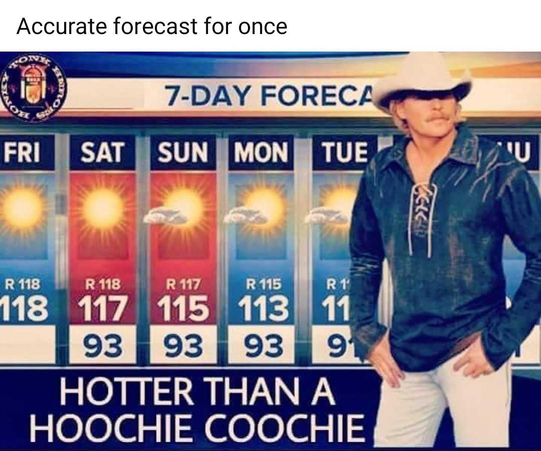 hotter than a hoochie coochie - Accurate forecast for once Mousse 7Day Foreca Nov Fri Sat Sun Mon Tue Tek R 118 R 118 R 117 R 115 R1 118 117 115 113 11 93 93 93 91 Hotter Than A Hoochie Coochie