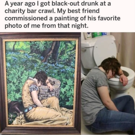 Charity Bar Crawl - A year ago I got blackout drunk at a charity bar crawl. My best friend commissioned a painting of his favorite photo of me from that night.
