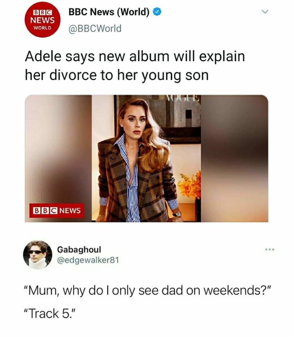 funny memes and pics - media - Bbc News World Bbc News World Adele says new album will explain her divorce to her young son Bbc News . Gabaghoul "Mum, why do I only see dad on weekends?" "Track 5."