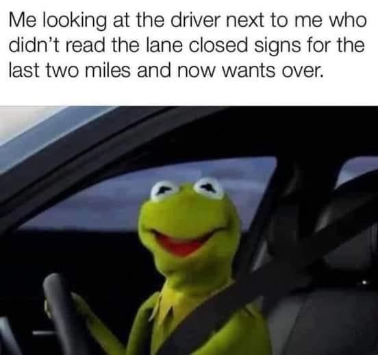 funny memes and pics - kermit the frog in a car - Me looking at the driver next to me who didn't read the lane closed signs for the last two miles and now wants over.