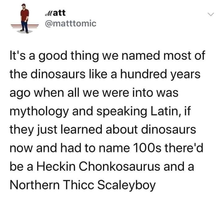 funny memes - fun randoms - northern scaly boi - Matt It's a good thing we named most of the dinosaurs a hundred years ago when all we were into was mythology and speaking Latin, if they just learned about dinosaurs now and had to name 100s there'd be a H