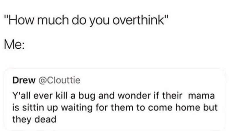 funny tweets and memes - things to make people say out loud - "How much do you overthink" Me Drew Y'all ever kill a bug and wonder if their mama is sittin up waiting for them to come home but they dead