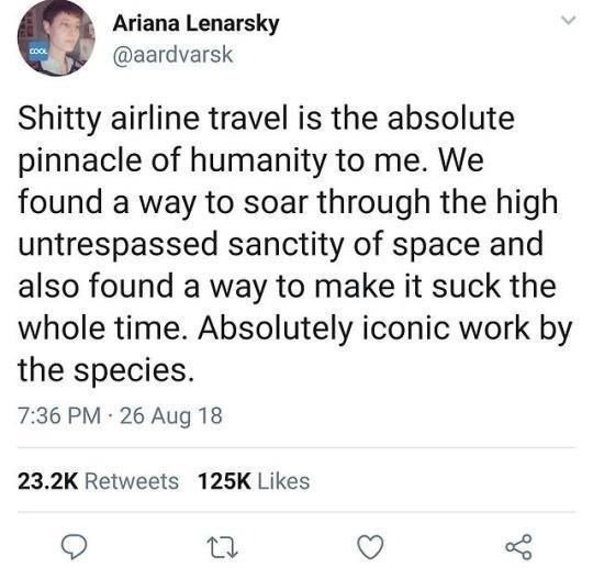 funny randoms - college is a scam - Ariana Lenarsky Cool Shitty airline travel is the absolute pinnacle of humanity to me. We found a way to soar through the high untrespassed sanctity of space and also found a way to make it suck the whole time. Absolute