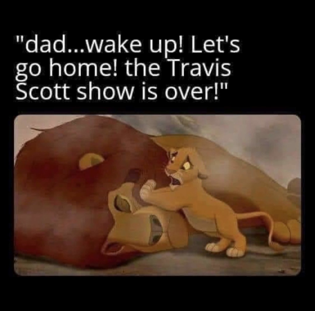 funny memes - lion king mufasa - "dad...wake up! Let's go home! the Travis Scott show is over!"