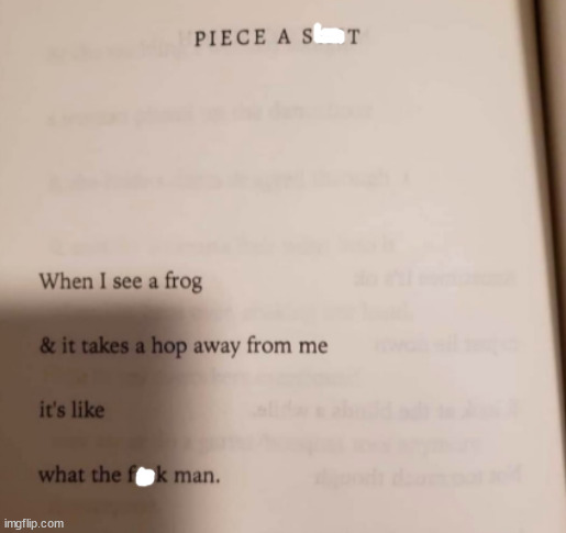99 poems to cure whatever's wrong with you or create the problems you need - Pieceast When I see a frog & it takes a hop away from me it's what the man. imgflip.com