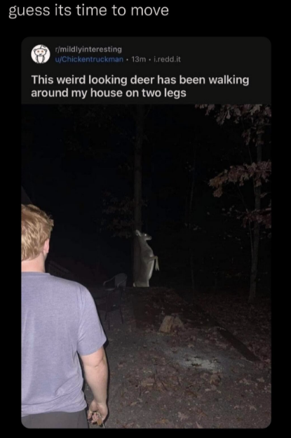 darkness - guess its time to move rmildlyinteresting uChickentruckman. 13mi.reddit This weird looking deer has been walking around my house on two legs