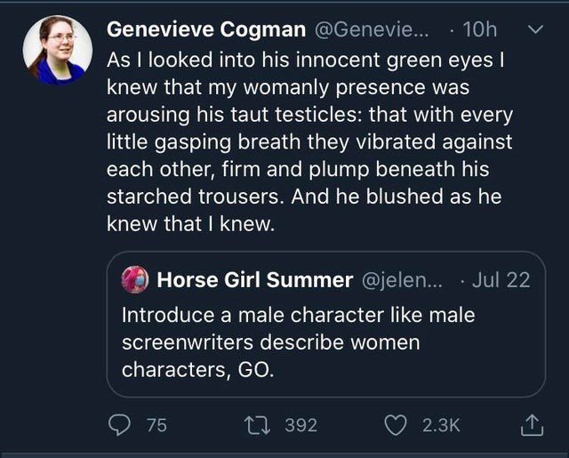 funny randoms  - business quotes - Genevieve Cogman ... 10h As I looked into his innocent green eyes | knew that my womanly presence was arousing his taut testicles that with every little gasping breath they vibrated against each other, firm and plump ben