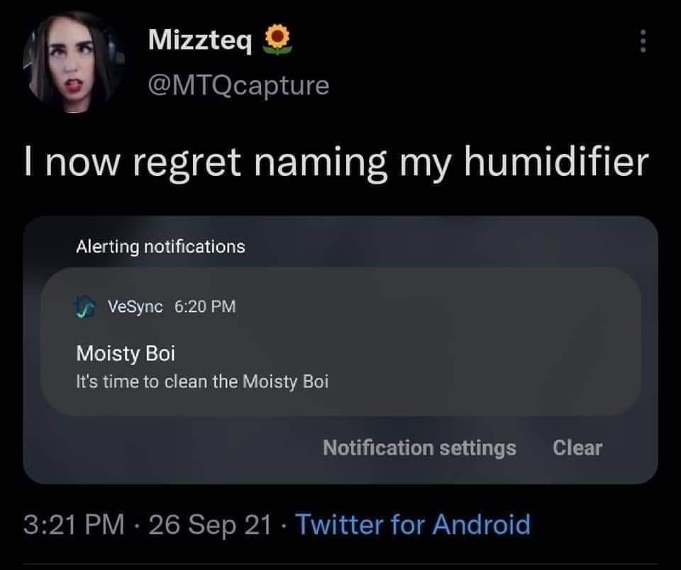 fresh randoms - religious humor - Mizzteq O I now regret naming my humidifier Alerting notifications VeSync Moisty Boi It's time to clean the Moisty Boi Notification settings Clear 26 Sep 21 Twitter for Android .
