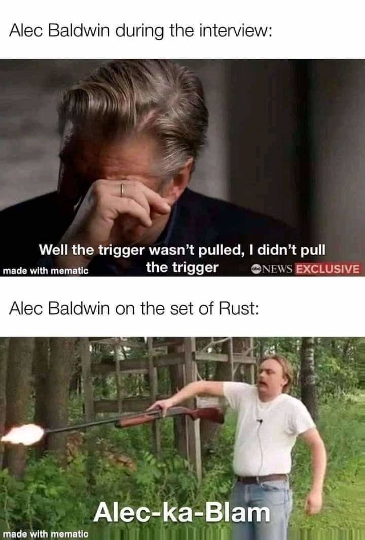 photo caption - Alec Baldwin during the interview Well the trigger wasn't pulled, I didn't pull made with mematic the trigger News Exclusive Alec Baldwin on the set of Rust AleckaBlam made with mematic