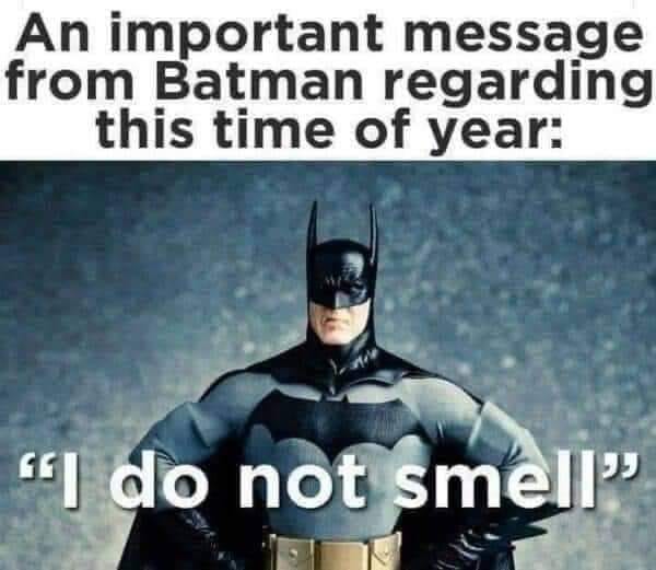 photo caption - An important message from Batman regarding this time of year "I do not smell