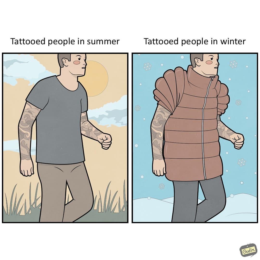 cool randoms  - cartoon - Tattooed people in summer Tattooed people in winter Gudim.