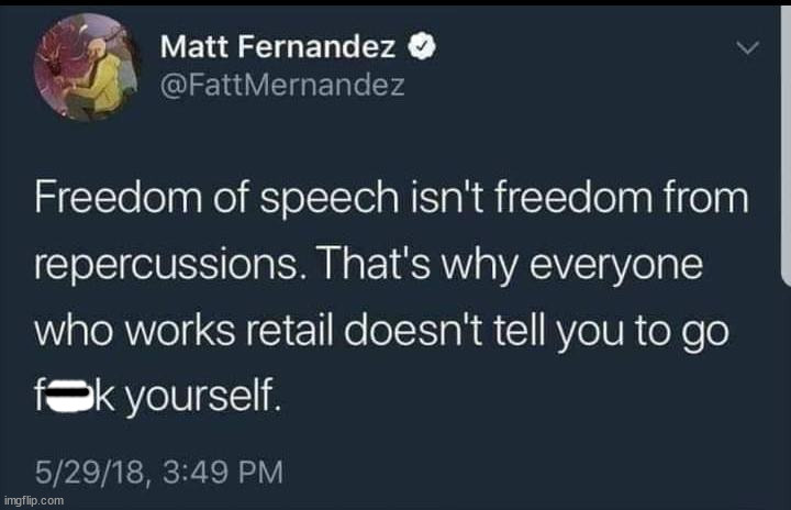 atmosphere - Matt Fernandez Mernandez Freedom of speech isn't freedom from repercussions. That's why everyone who works retail doesn't tell you to go fak yourself. 52918, imgflip.com