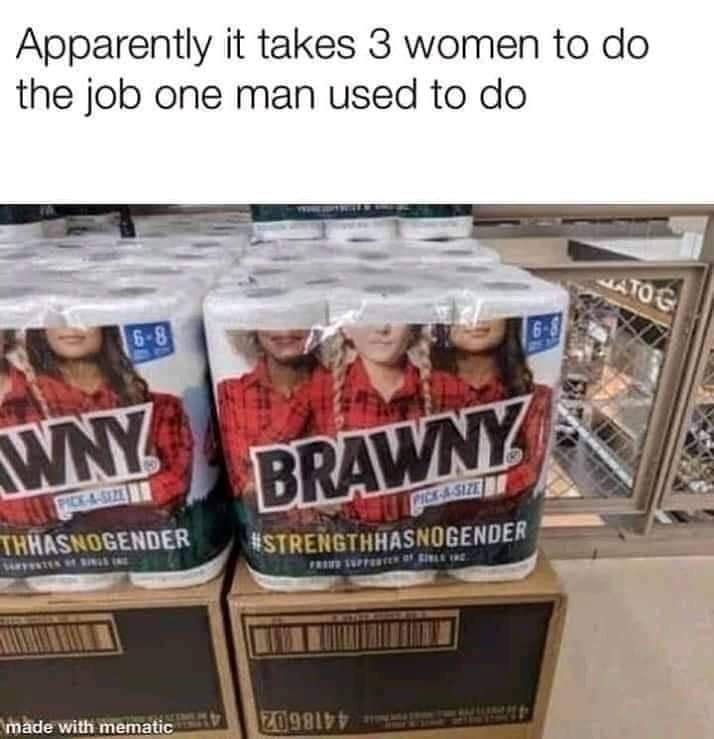 funny memes - fun pics - brawny paper towels - Apparently it takes 3 women to do the job one man used to do Matog 60 68 Wny Brawny Poea 2011 Isasie Thhasnogender Ustrengthhasnogender 12 Puntele made with mematic 209811
