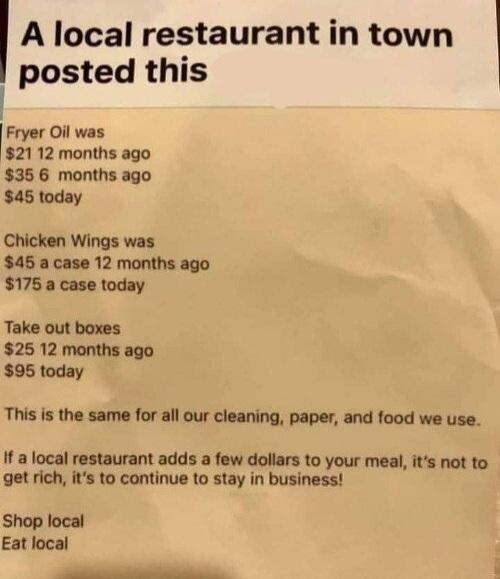 funny memes - fun pics - document - A local restaurant in town posted this Fryer Oil was $21 12 months ago $35 6 months ago $45 today Chicken Wings was $45 a case 12 months ago $175 a case today Take out boxes $25 12 months ago $95 today This is the same 