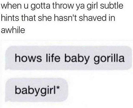 organization - when u gotta throw ya girl subtle hints that she hasn't shaved in awhile hows life baby gorilla babygirl