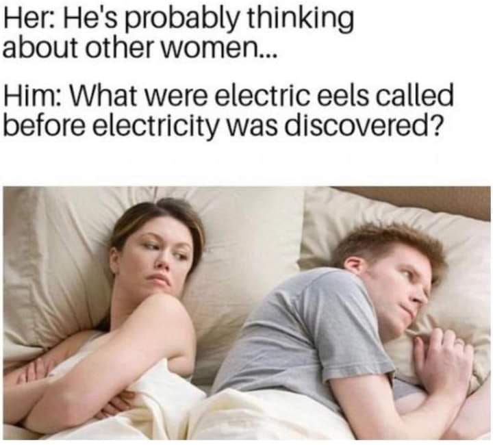 bet he's thinking about other women memes - Her He's probably thinking about other women... Him What were electric eels called before electricity was discovered?