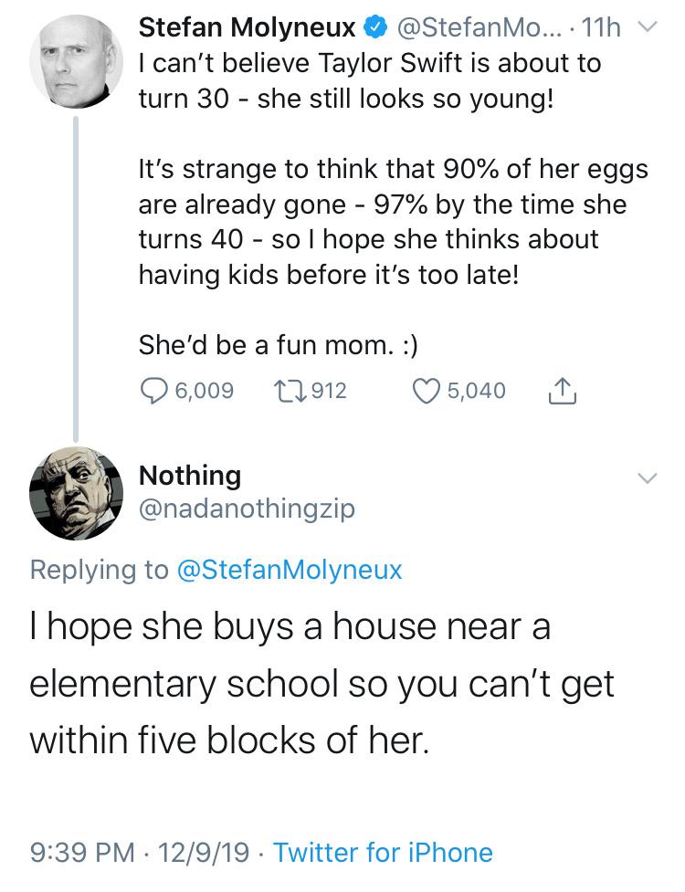 fun randoms - point - Stefan Molyneux Mo... 11h V I can't believe Taylor Swift is about to turn 30 she still looks so young! It's strange to think that 90% of her eggs are already gone 97% by the time she turns 40 so I hope she thinks about having kids be