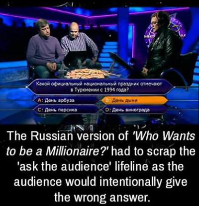awesome randoms  - 1994 ? A The Russian version of 'Who Wants to be a Millionaire ?' had to scrap the ask the audience' lifeline as the audience would intentionally give the wrong answer.