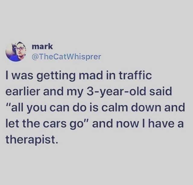 awesome randoms  - paper - mark I was getting mad in traffic earlier and my 3yearold said "all you can do is calm down and let the cars go" and now I have a therapist.