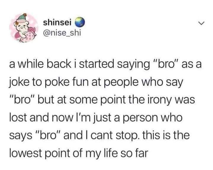 awesome randoms and funny memes - make you feel better - Shinsei a while back i started saying "bro" as a joke to poke fun at people who say "bro" but at some point the irony was lost and now I'm just a person who says "bro" and I cant stop. this is the l