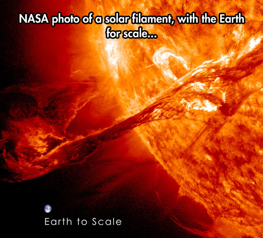 fun randoms - funny photos - solar storm sun - Nasa photo of a solar filament, with the Earth for scale... Earth to Scale