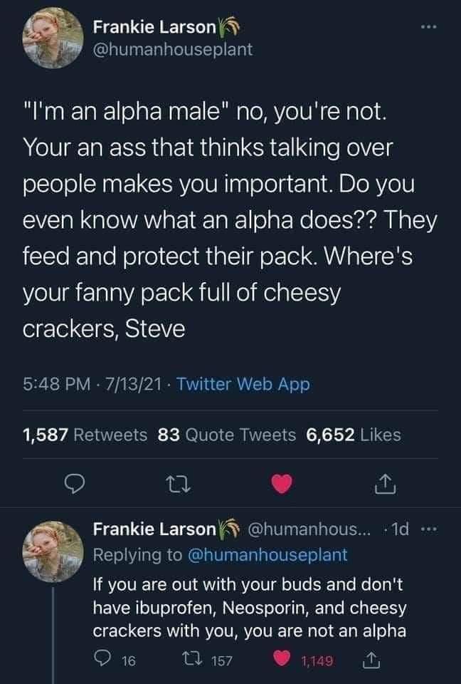 funny pics and memes - atmosphere - Frankie Larson "I'm an alpha male" no, you're not. Your an ass that thinks talking over people makes you important. Do you even know what an alpha does?? They feed and protect their pack. Where's your fanny pack full of